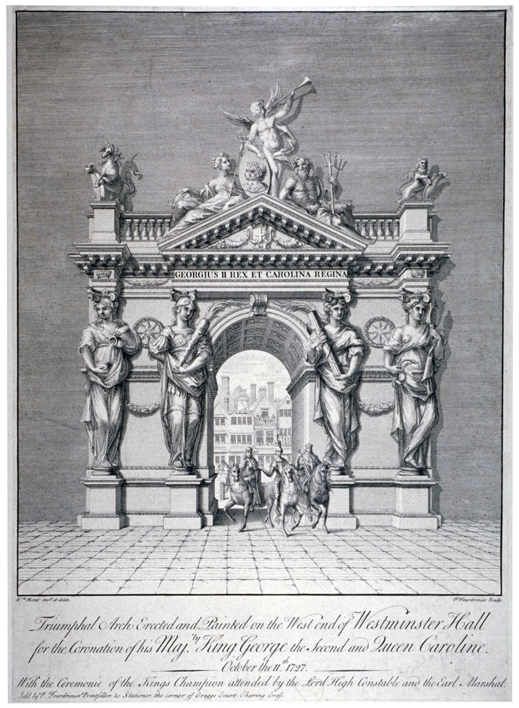 Triumphal arch on the west end of Westminster Hall, London by Pierre Fourdrinier