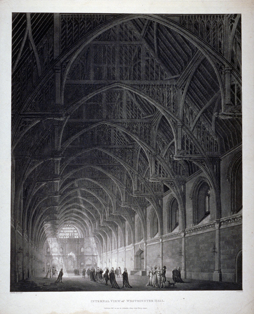 Detail of Interior view of Westminster Hall showing the fine hammerbeam roof, London by George Hawkins