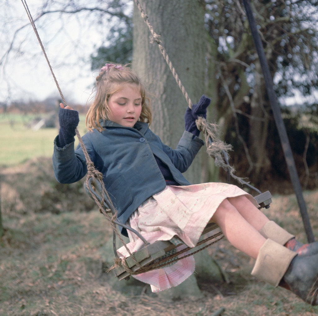 Detail of Young gipsy girl on a swing, Charlwood, Newdigate area, Surrey, 1964 by Tony Boxall