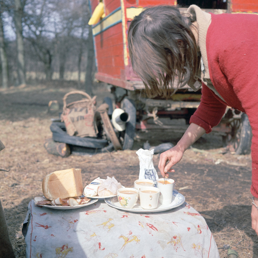 Detail of Gipsy woman making tea, Charlwood, Newdigate area, Surrey, 1964 by Tony Boxall