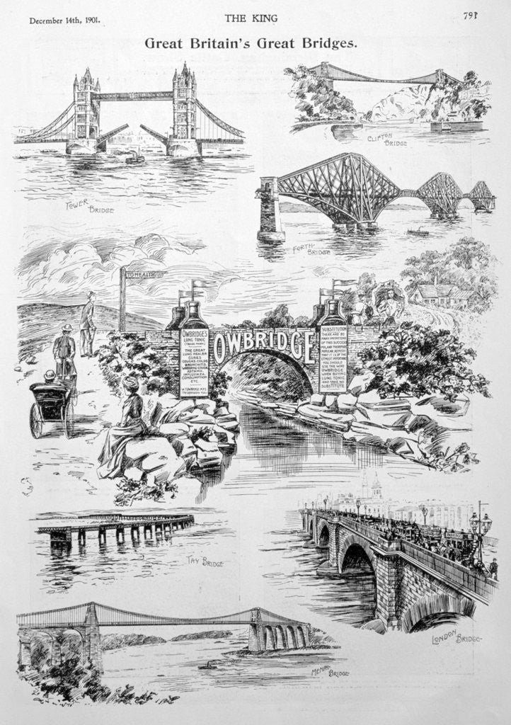 Detail of 'Great Britain's Great Bridges', advert for Owbridge Lung Tonic by Anonymous
