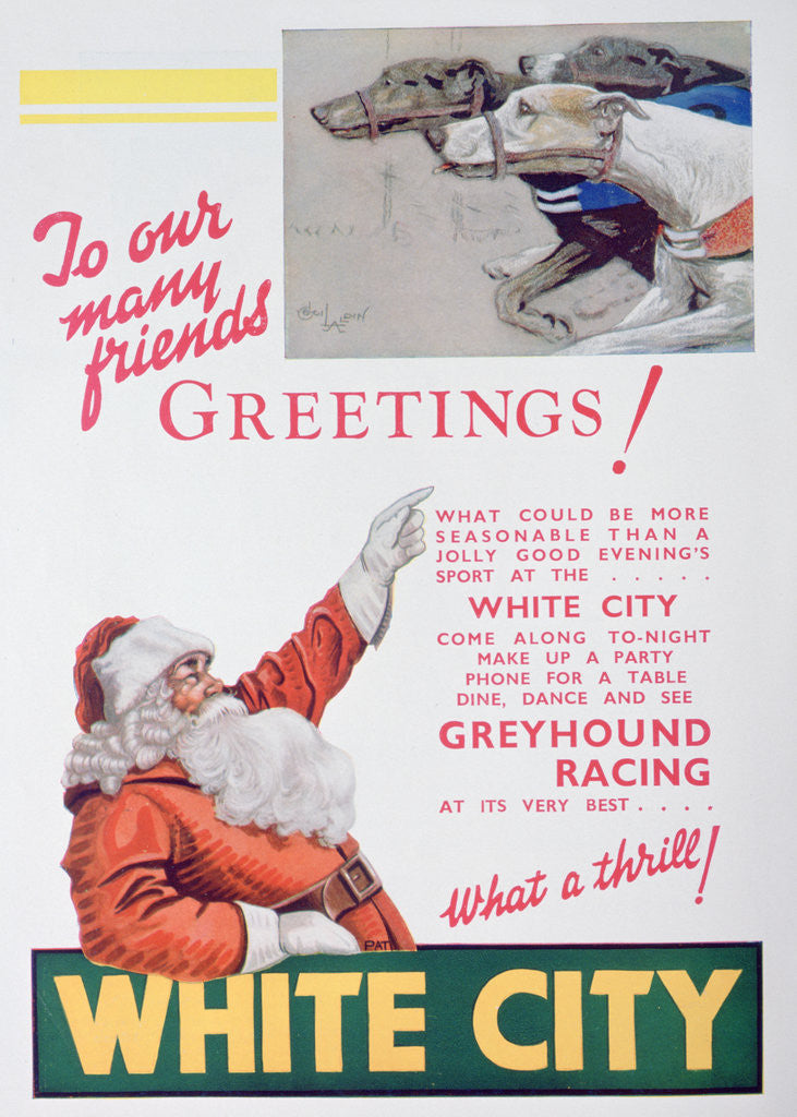 Detail of Christmas advert for the White City greyhound track, London by Anonymous