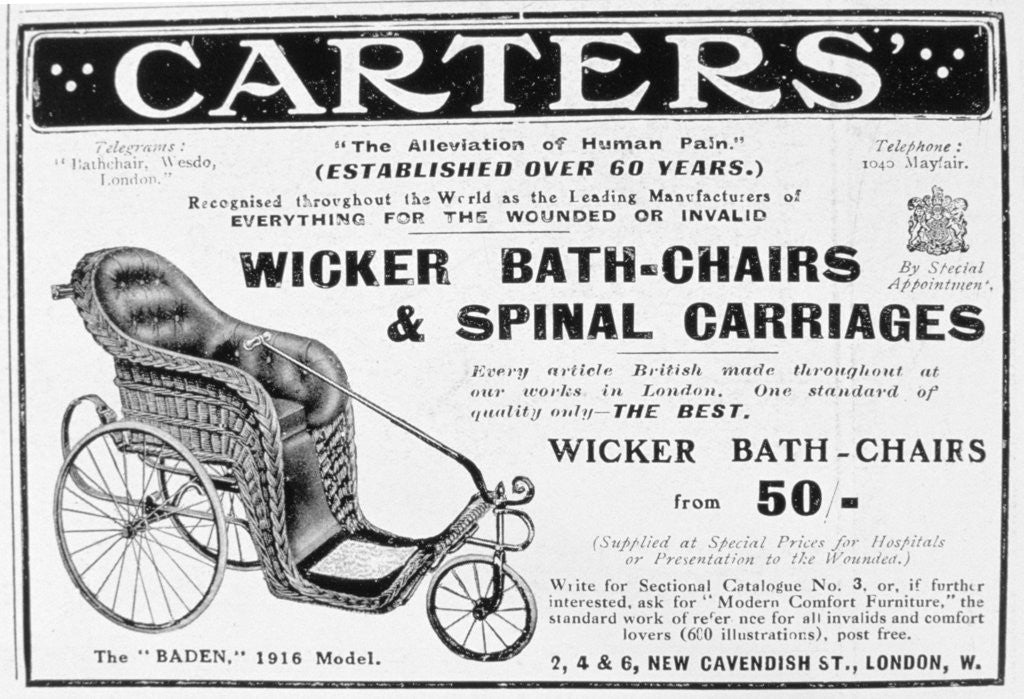 Detail of Advert for Carters' wicker bath chairs and spinal carriages by Anonymous