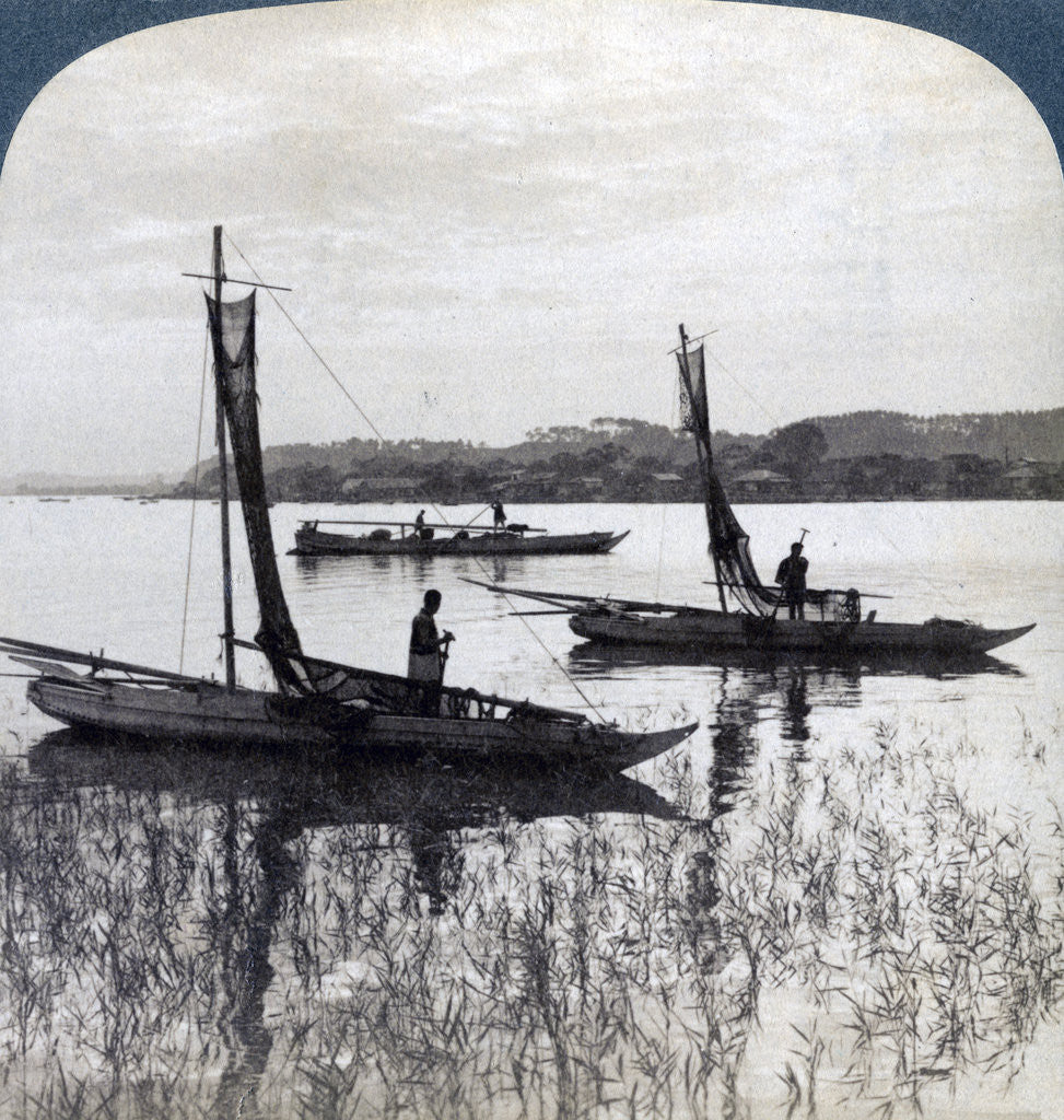 Detail of Fishing boats coming home at sunset, near Yokohama, Japan by Underwood & Underwood