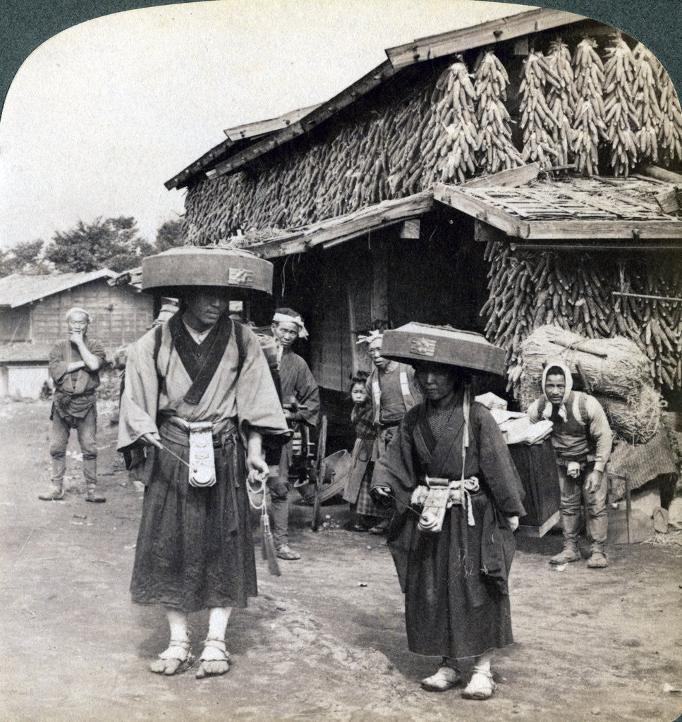 Detail of Pilgrim beggars beating little gongs, near Lake Kawaguchi, Japan by Underwood & Underwood