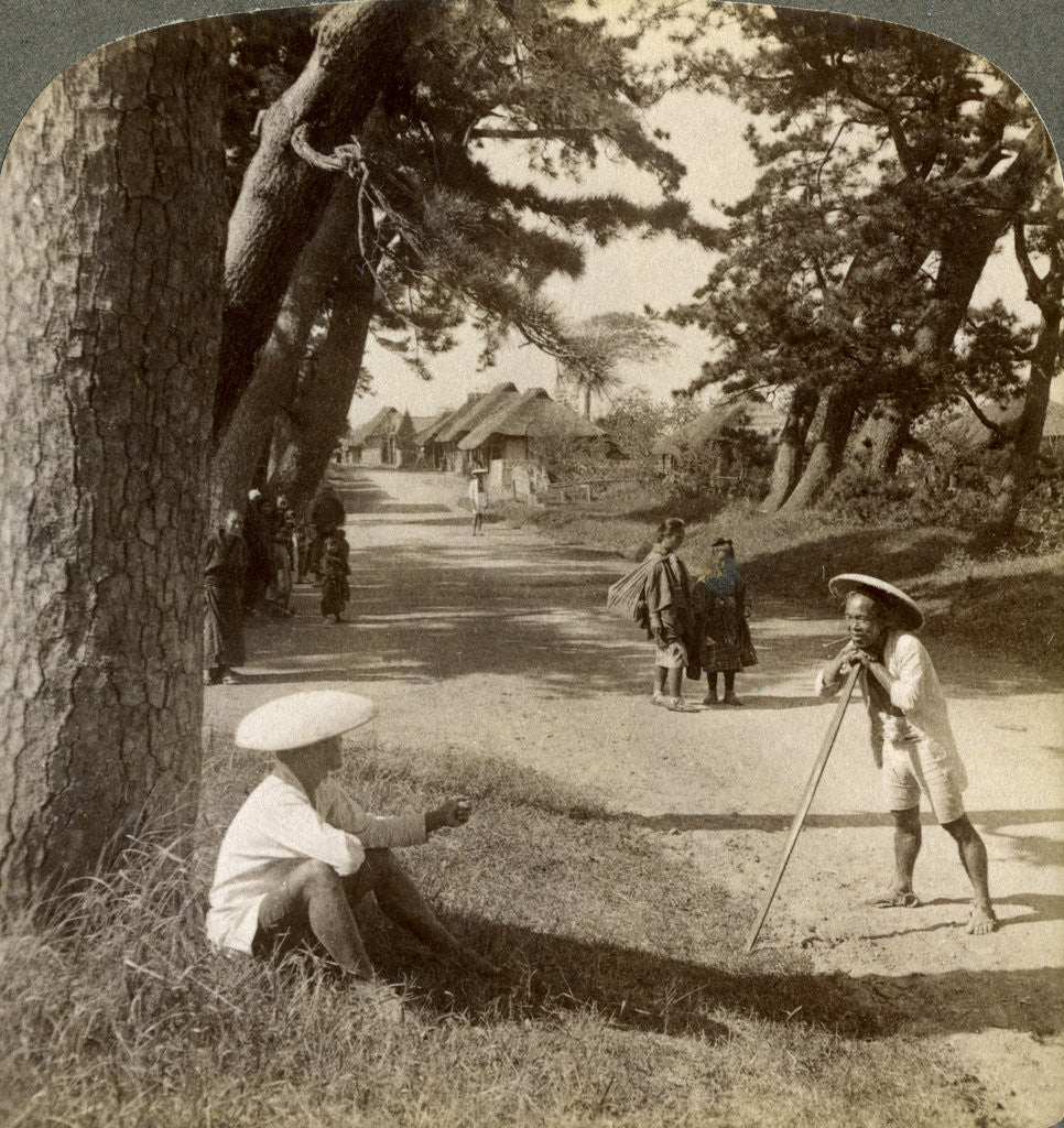 Detail of Travellers resting under the pines at Suzukawa, old post road from Tokyo to Kyoto, Japan by Underwood & Underwood