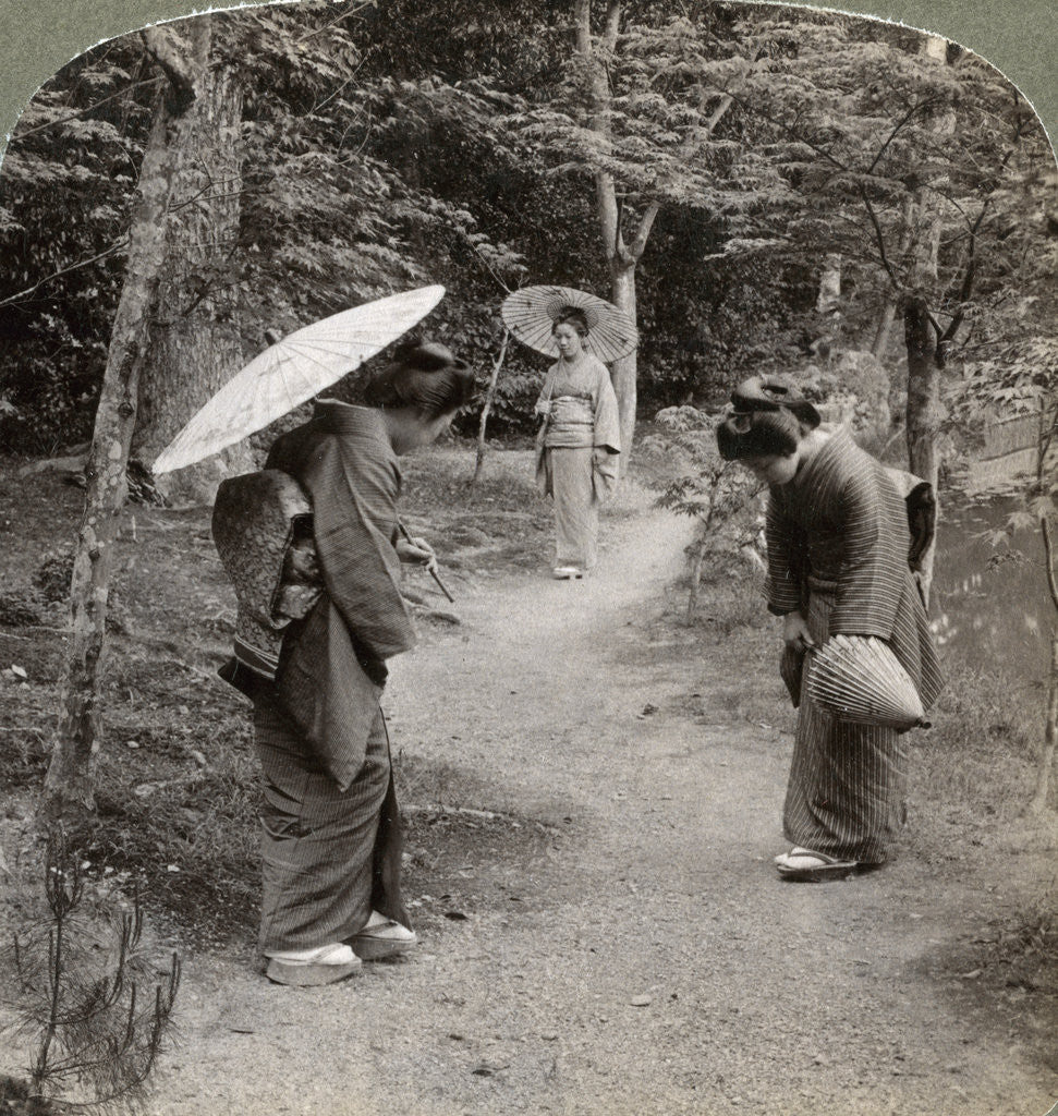 Detail of Women in the Kinkaku-ji Temple garden, Kyoto, Japan by Underwood & Underwood