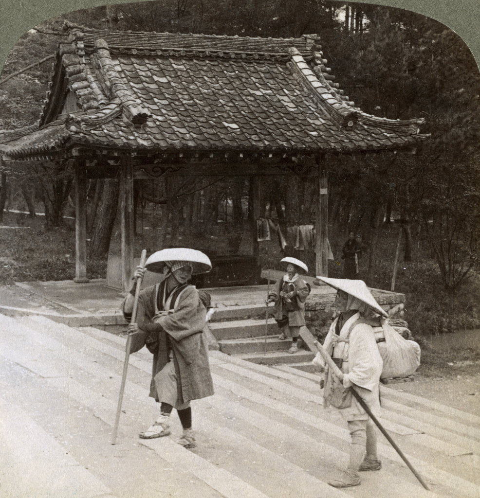 Detail of Women pilgrims on the steps of Omuro Gosho (east), Kyoto, Japan by Underwood & Underwood