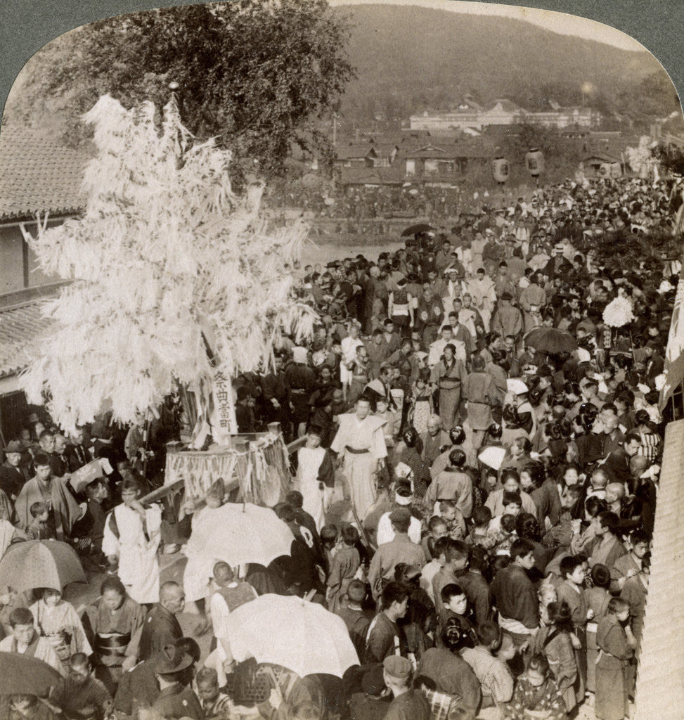 Detail of Shinto procession carrying sacred objects over a bridge to the Imperial Museum, Kyoto, Japan by Underwood & Underwood
