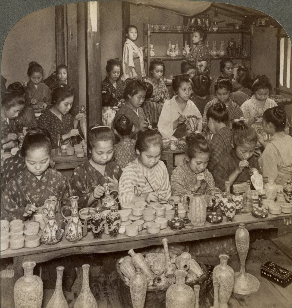 Detail of Factory girls decorating cheap pottery for the foreign markets, Kyoto, Japan by Underwood & Underwood