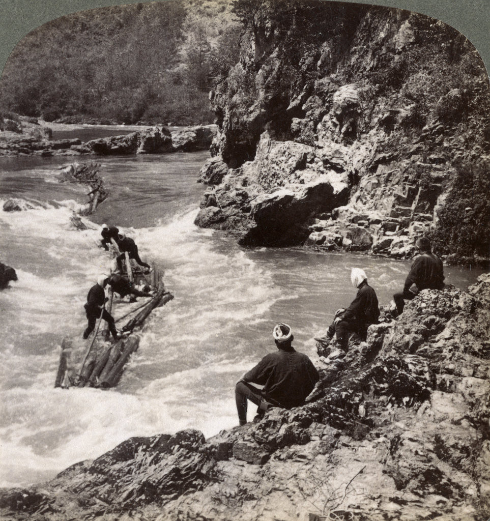 Detail of Men on a log raft, shooting the Hozu Rapids on the Katsura River, Kyoto, Japan by Underwood & Underwood