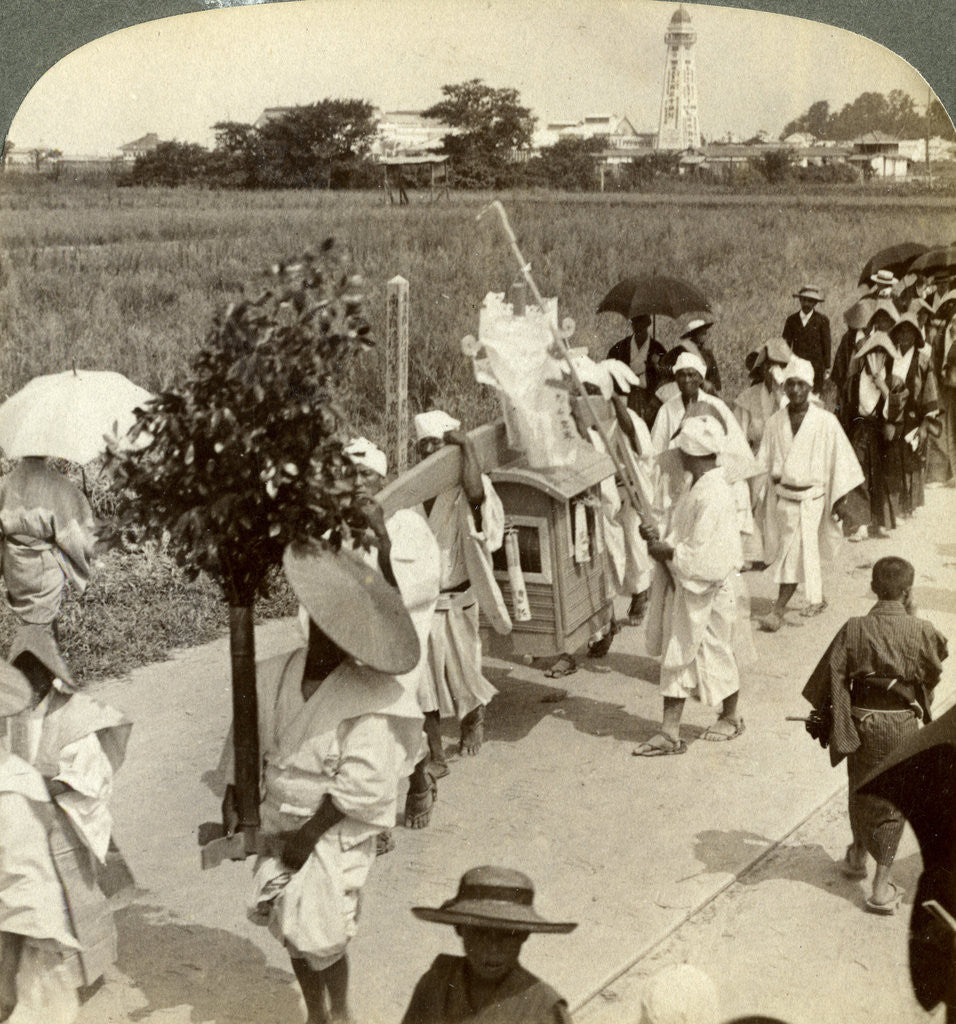 Detail of Funeral procession of a rich Buddhist, on the road to Sakai, looking towards Osaka, Japan by Underwood & Underwood