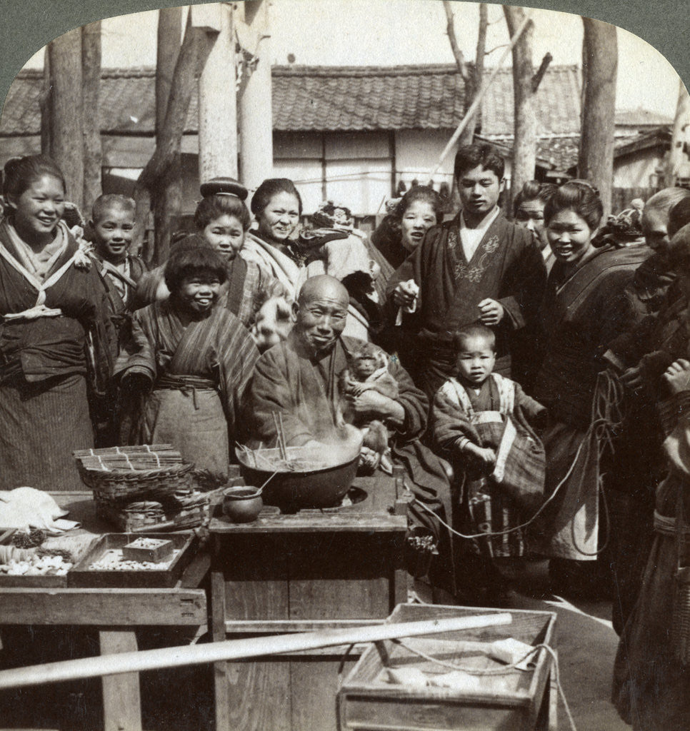 Detail of A street performer with a monkey amusing the crowd, Kobe, Japan by Underwood & Underwood