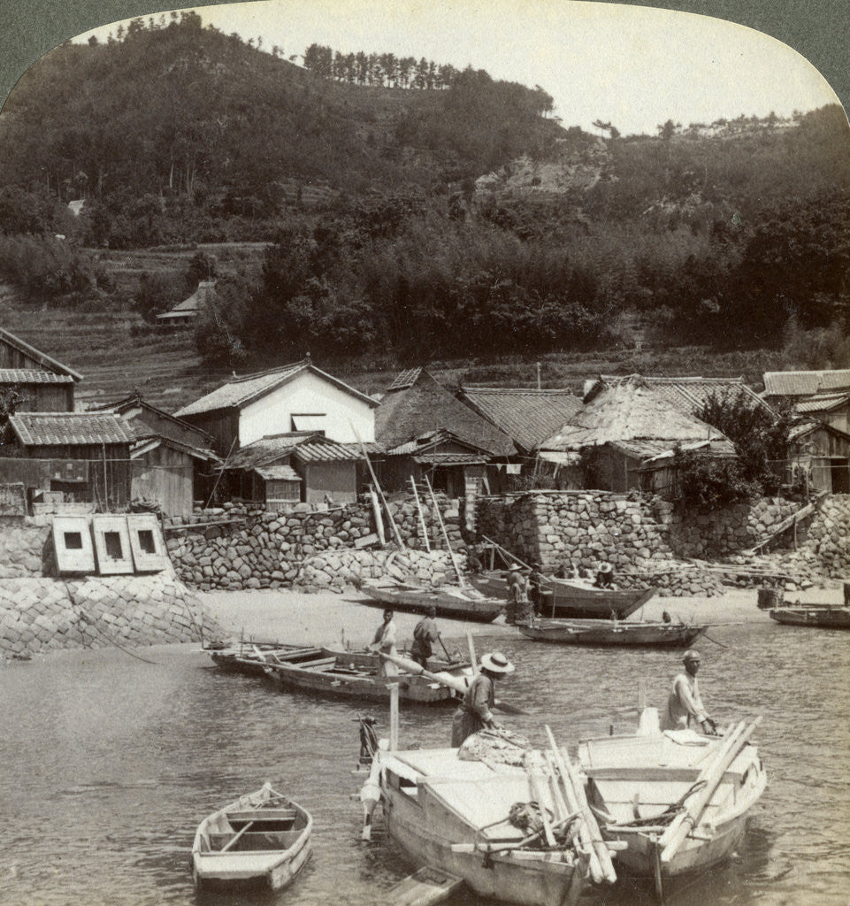 Detail of Fishing village of Obatake on the Inland Sea, looking north to the terraced rice fields, Japan by Underwood & Underwood