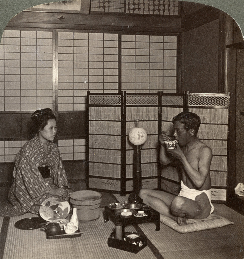 Detail of Summer evening meal at a hotel, Hiroshima, Japan by Underwood & Underwood