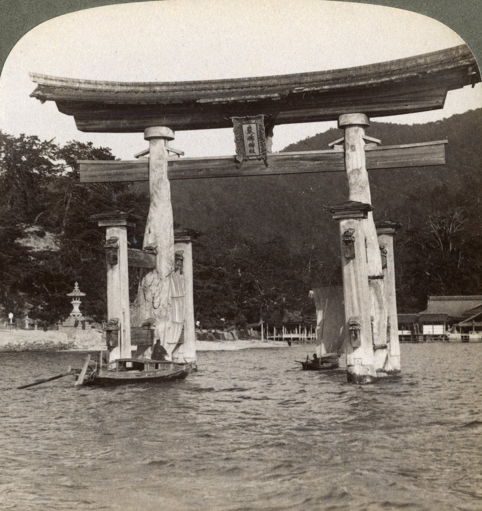 Detail of Sacred torii gate rising from the sea, Itsukushima Shrine, Miyajima Island, Japan by Underwood & Underwood