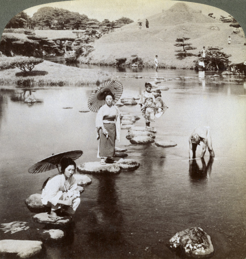 Detail of Women crossing the lake on stepping stones, Suizen-ji Garden, Kumamoto, Japan by Underwood & Underwood