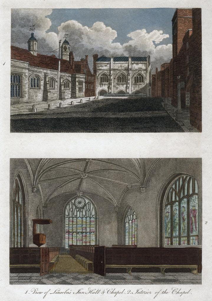 Detail of Views of Lincoln's Inn Hall and Chapel, and the interior of Lincoln's Inn Chapel, London by Pals