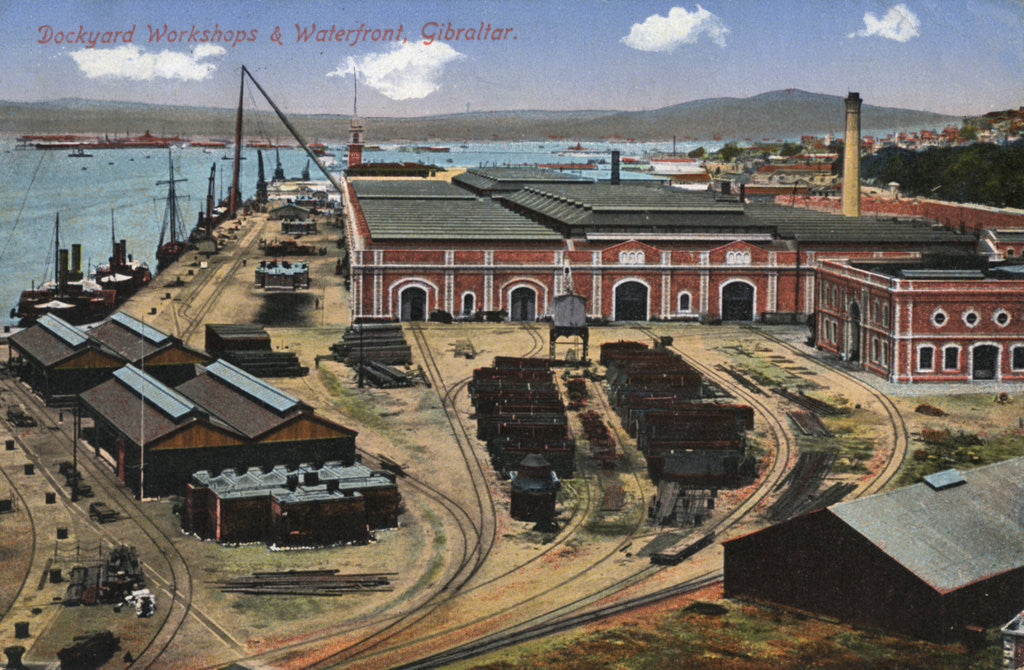 Detail of Dockyard workshops and waterfront, Gibraltar by Anonymous