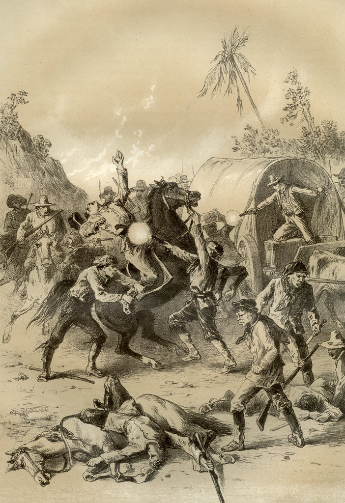 Detail of Gold escort attacked by bushrangers, Australia by McFarlane and Erskine