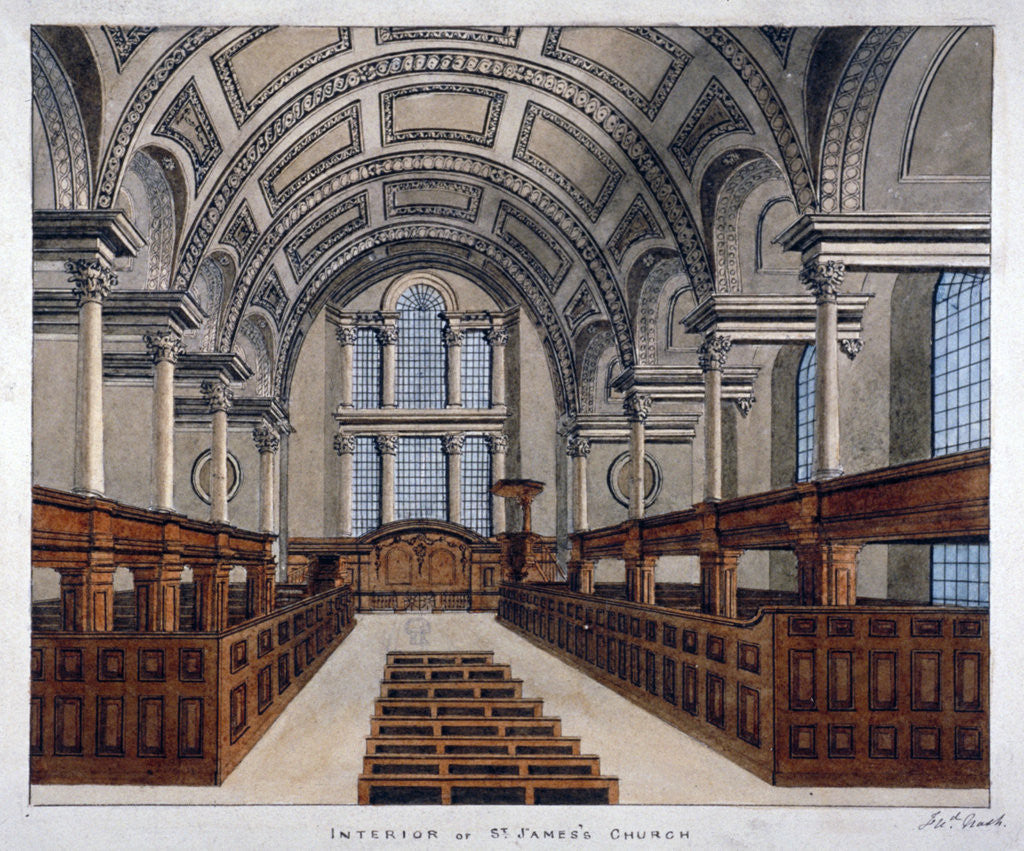 Detail of Interior view looking east, St James's Church, Piccadilly, London by Frederick Nash