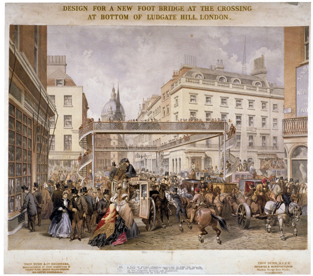 Detail of Design for a new footbridge at the crossing Ludgate Hill and Fleet Street, City of London by Kell Brothers