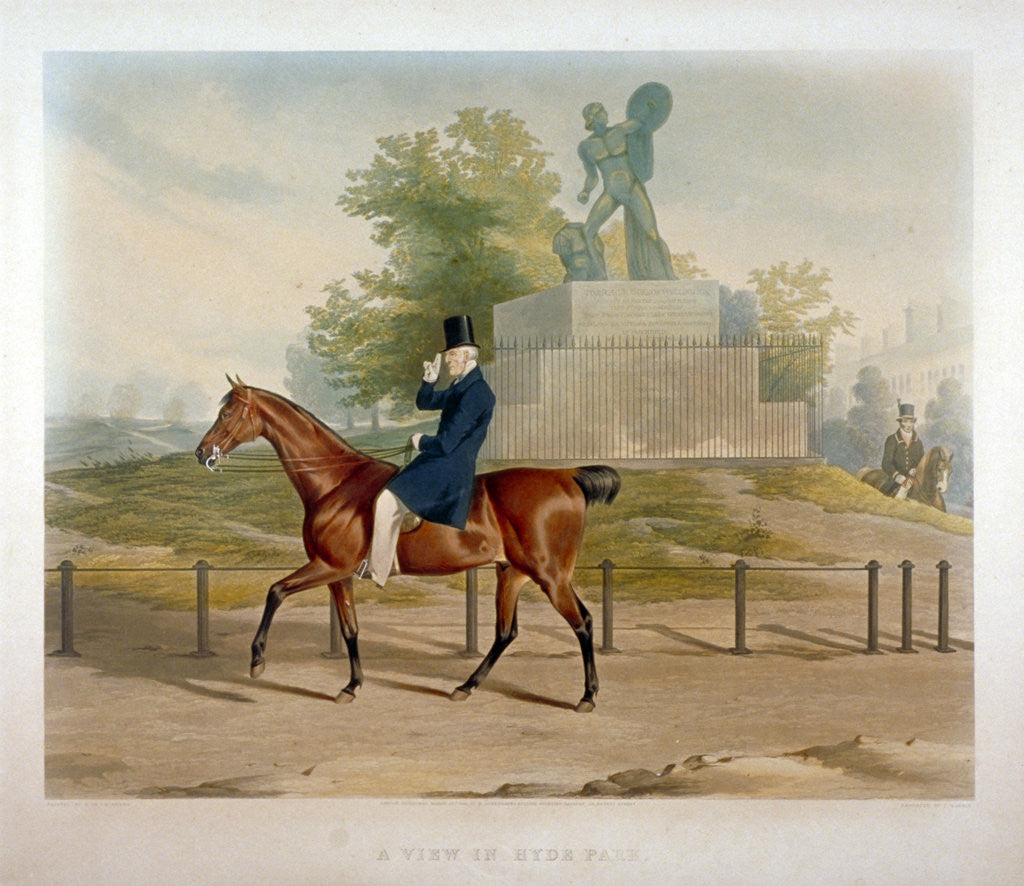 Detail of The Duke of Wellington riding past the Achilles statue in Hyde Park, London by John Harris