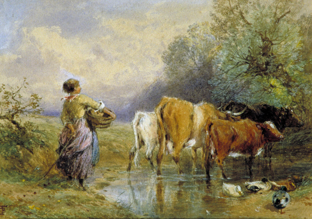 Detail of A Girl driving Cattle across a Stream by Myles Birket Foster