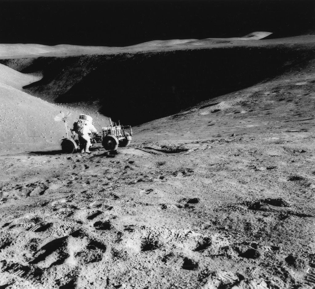 Detail of Astronaut David Scott (b1932) on the slope of Hadley Delta during Apollo 15 by NASA