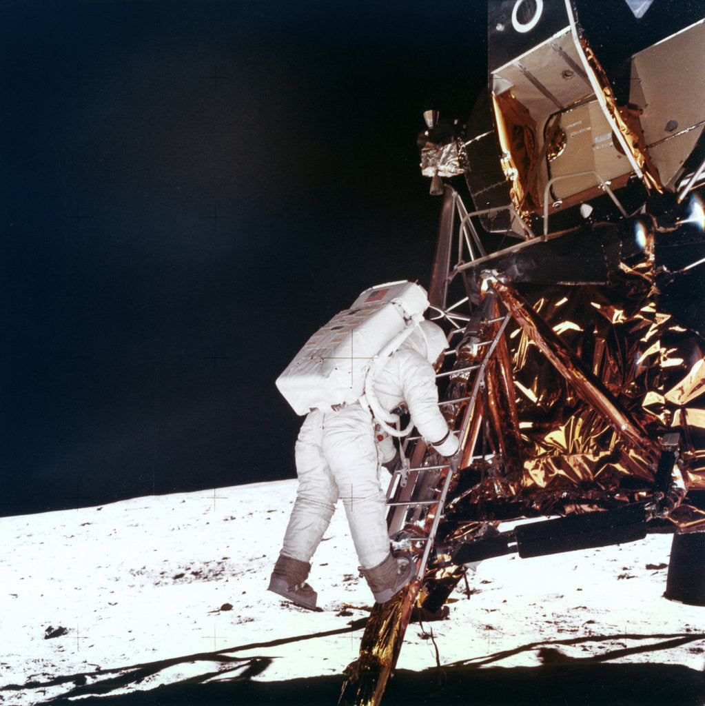 Detail of Edwin Buzz Aldrin descends the steps of the Lunar Module ladder to walk on the Moon by NASA