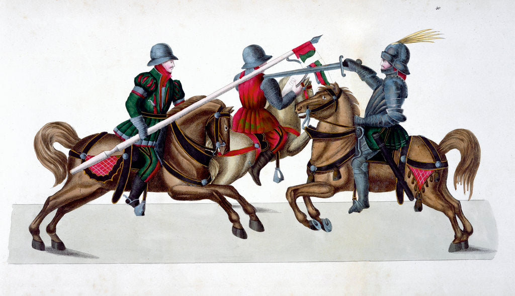Detail of Three knights jousting at a tournament by Anonymous