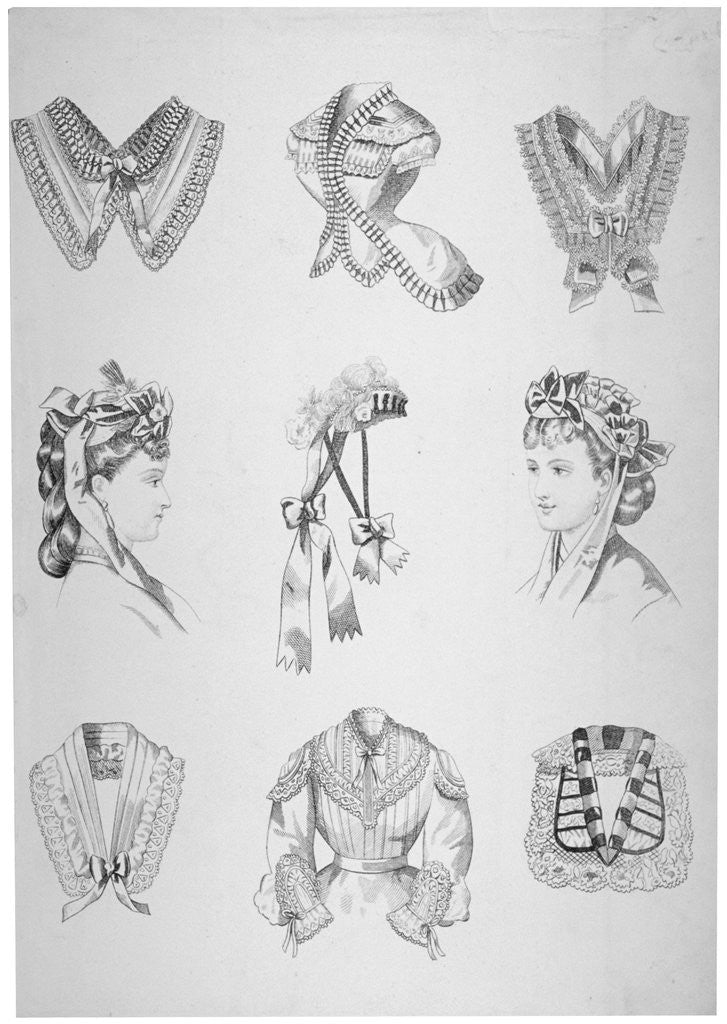 Detail of Nine vignettes of collars, hats and bodices by Anonymous