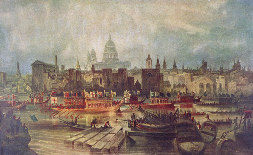 Detail of The Lord Mayor's procession by water to Westminster, London by Anonymous