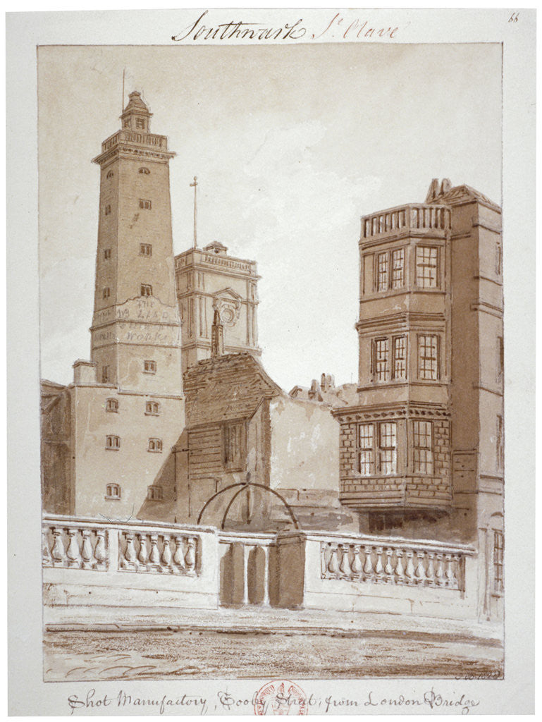 Detail of Shot Manufactory, Tooley Street, from London Bridge, Bermondsey, London by John Chessell Buckler