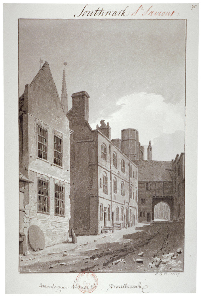 Detail of View looking towards the gateway of Montague House, Southwark, London by John Chessell Buckler