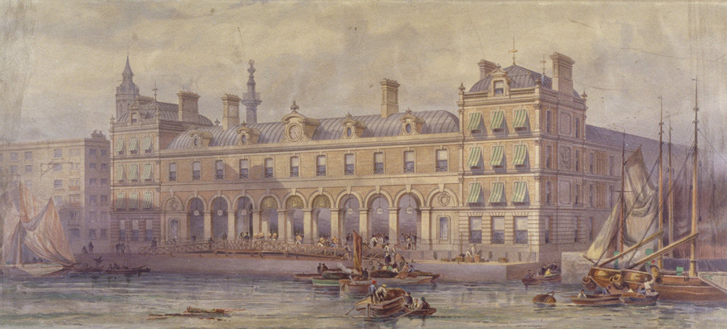 Detail of View of Billingsgate Market with figures and boats in the foreground, London by CF Kell
