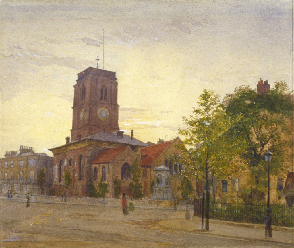Detail of View of All Saints Church, Chelsea, London by John Crowther