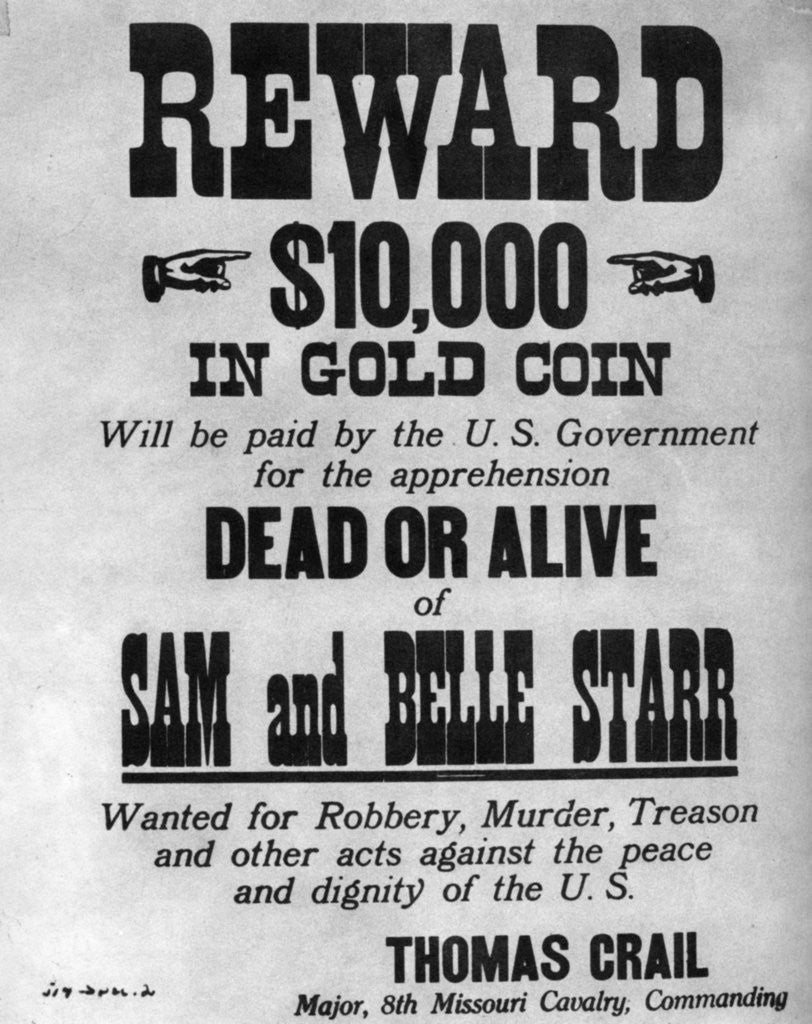 Detail of Wanted poster for the outlaws Sam and Belle Starr by Anonymous