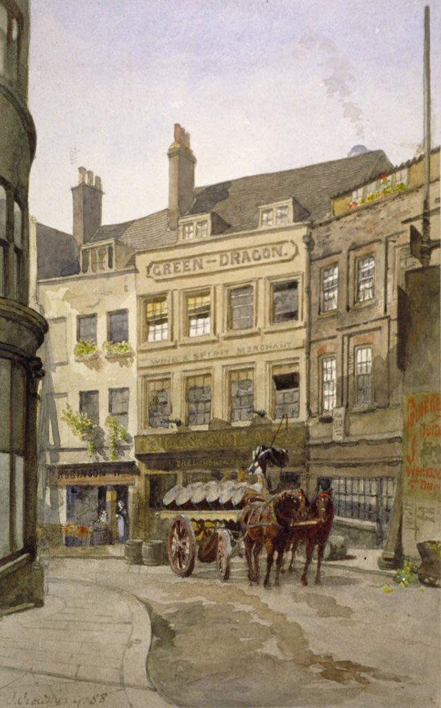 Detail of View of no 11 St Andrew's Hill and the Green Dragon Inn with a cart of barrels, London by John Crowther