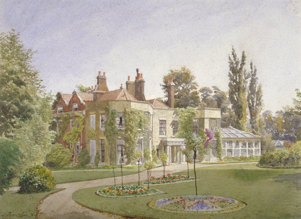 Detail of The front entrance and garden at Raleigh House, Brixton Hill, Lambeth, London by John Crowther