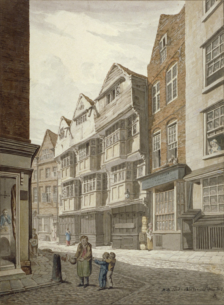 Detail of South-west view of an old timber-framed house in Ship Yard, Westminster, London by Robert Blemmell Schnebbelie