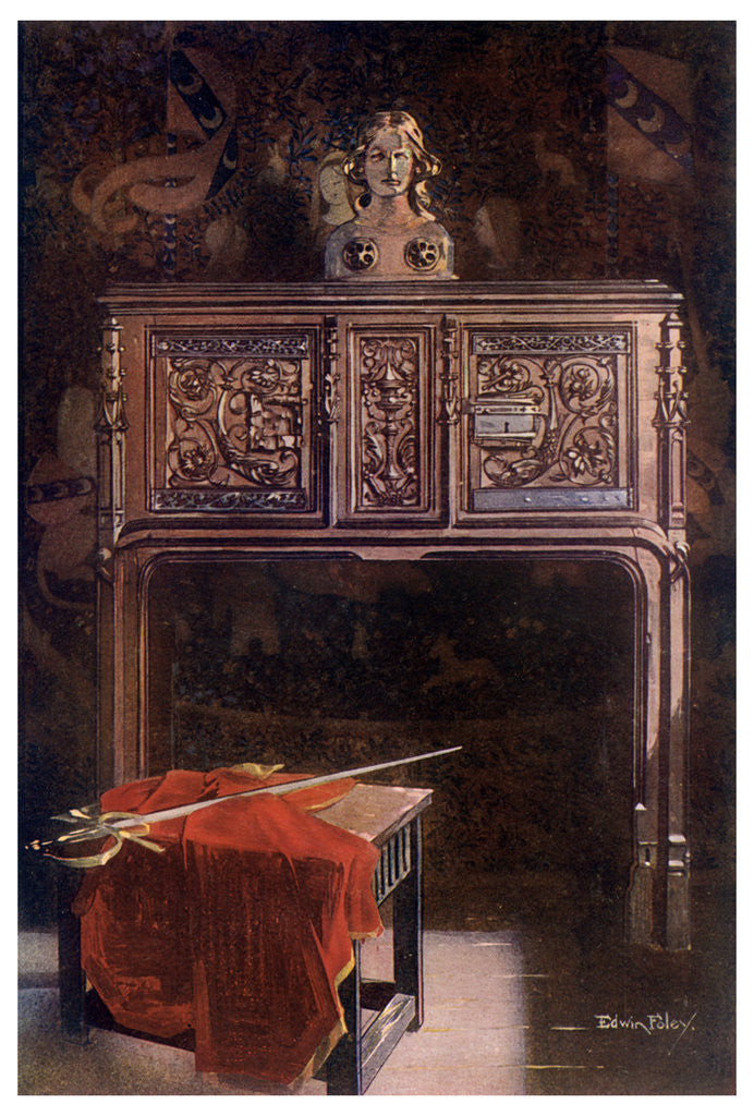 Detail of Carved oak Lous XII dressoir by Edwin Foley