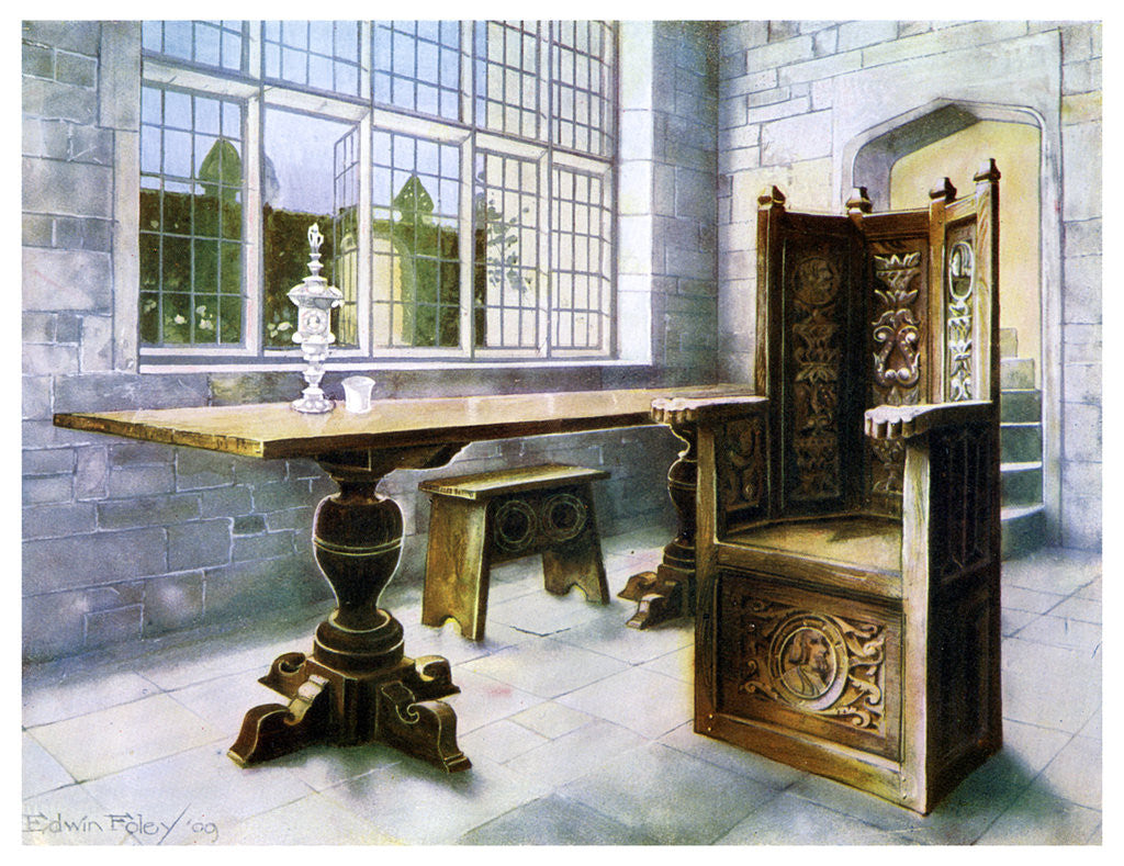 Detail of Oak trestle table and 'Mine Host's' chair by Edwin Foley