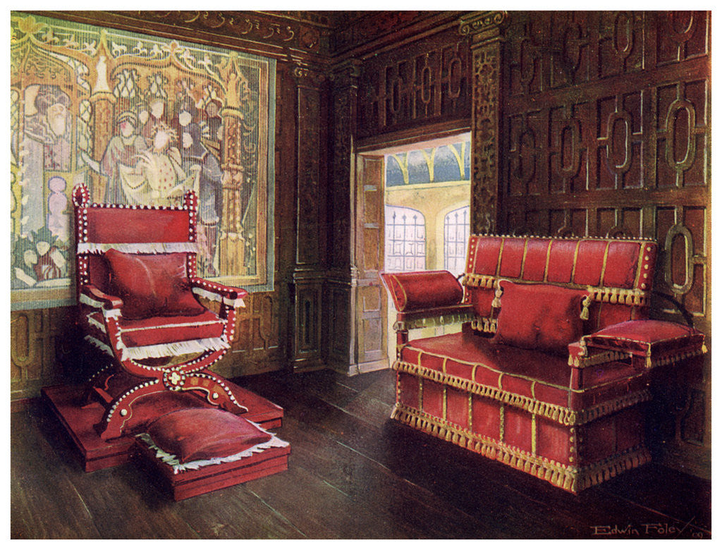 Detail of Upholstered chair and couch with adjustable ends by Edwin Foley