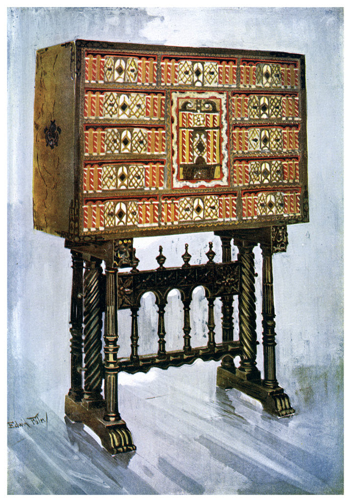 Detail of Vargueno cabinet of chestnut, ivory and other materials by Edwin Foley
