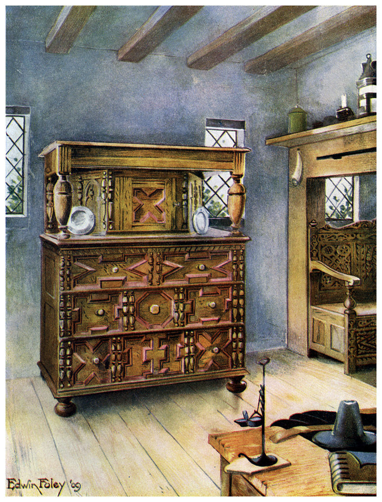 Detail of The Putnam Cupboard of English oak and cedar, and carved settle of American oak by Edwin Foley