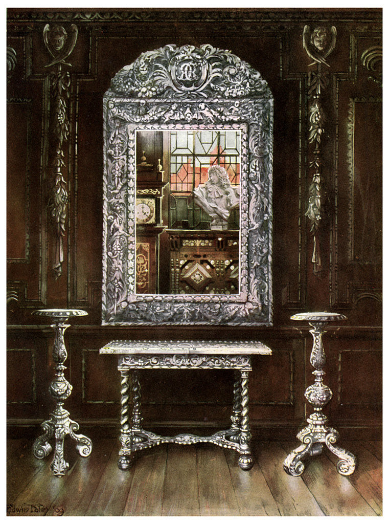 Detail of Mirror, gueridons, and table overlaid with silver plaques by Edwin Foley