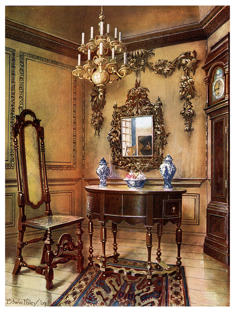 Detail of Panelling, mirror frame, walnut table and chair, Charles Wesley's walnut high case clock by Edwin Foley