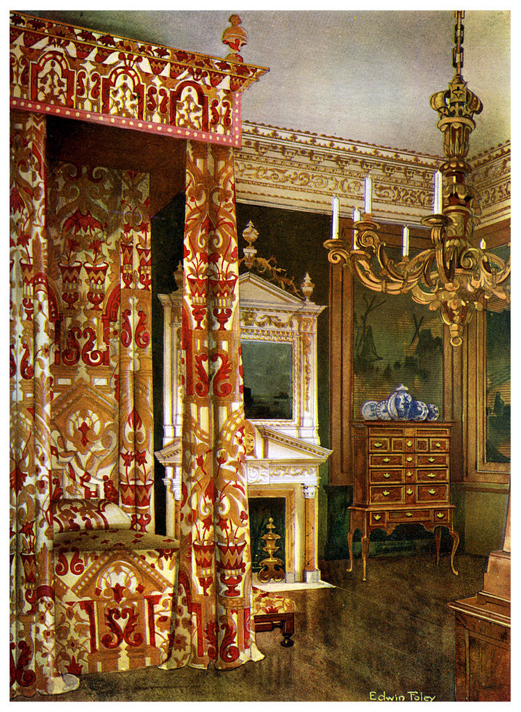 Detail of Queen Anne's bed, chest of drawers upon a stand and a wooden candelabra by Edwin Foley