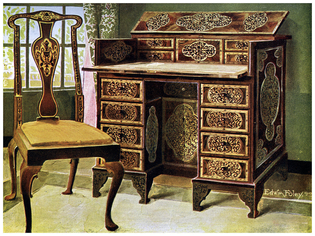 Detail of Walnut inlaid writing table by Edwin Foley